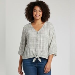 Lane Bryant | Grey Plaid Button-Up Blouse with Metallic Accent
